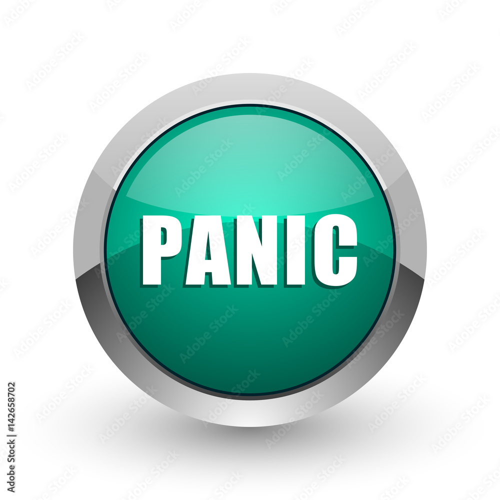 Aufkleber panic silver metallic chrome web design green round internet icon with shadow on white background.