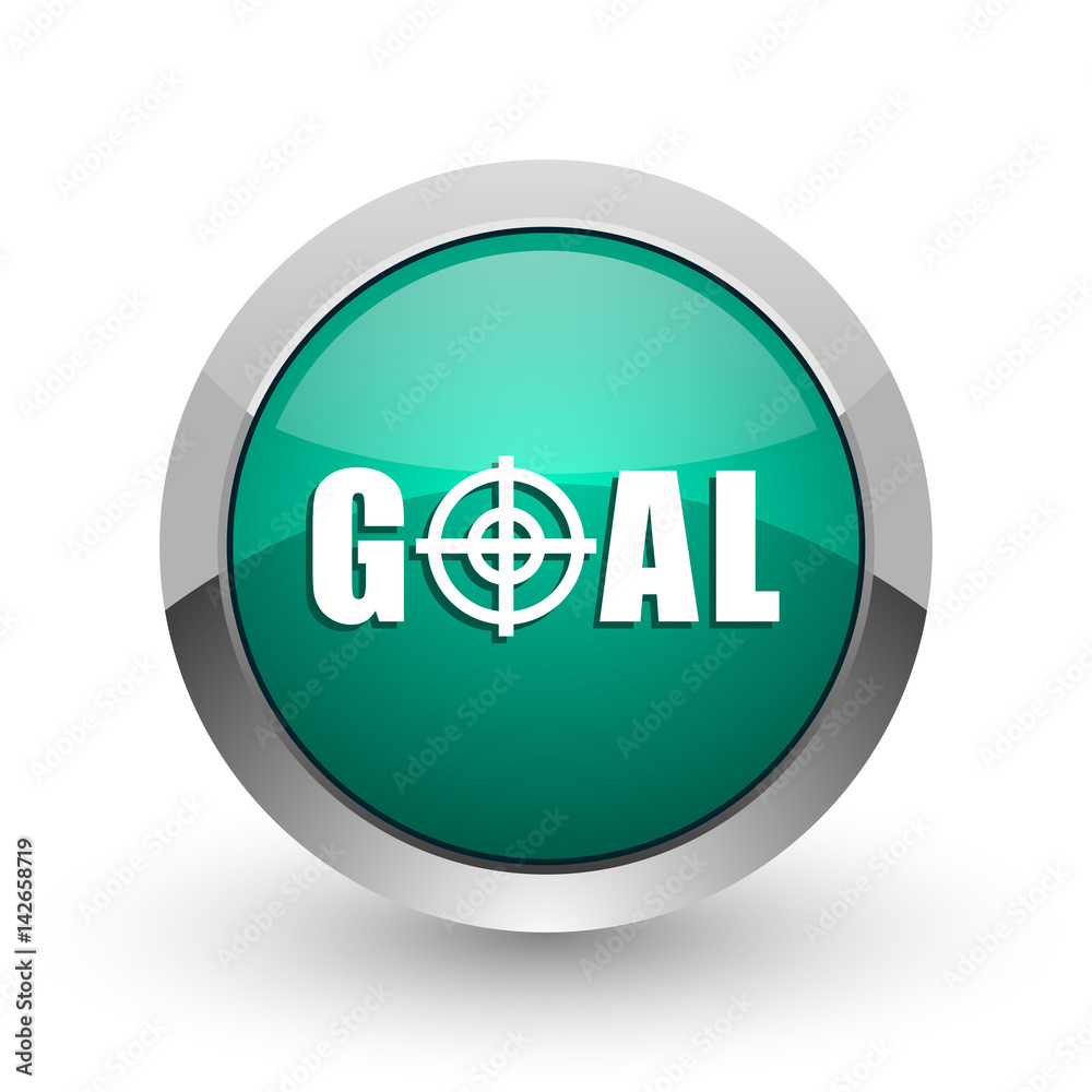 Aufkleber Goal silver metallic chrome web design green round internet icon with shadow on white background.

