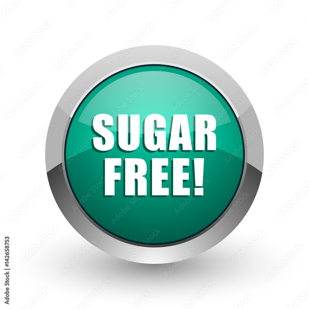 Poster Sugar free silver metallic chrome web design green round internet icon with shadow on white background.
