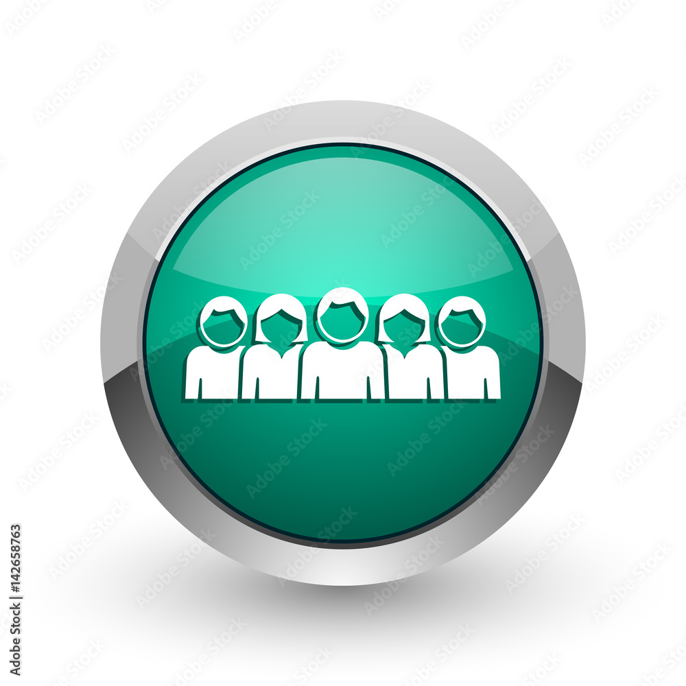 Poster people silver metallic chrome web design green round internet icon with shadow on white background.
