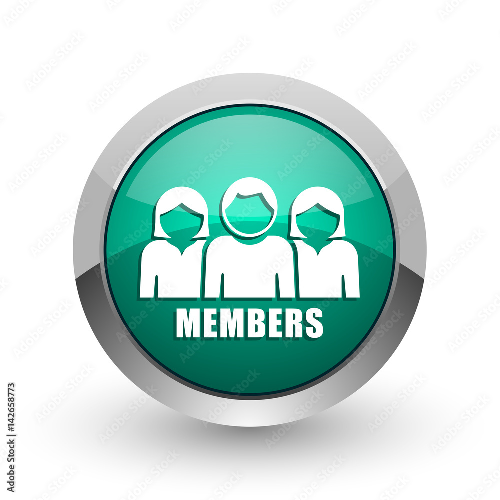 Poster members silver metallic chrome web design green round internet icon with shadow on white background.