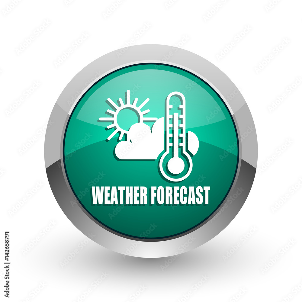 Aufkleber weather forecast silver metallic chrome web design green round internet icon with shadow on white ba