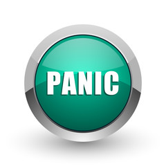 Panic silver metallic chrome web design green round internet icon with shadow on white background.
