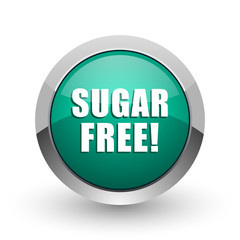 Sugar free silver metallic chrome web design green round internet icon with shadow on white background.
