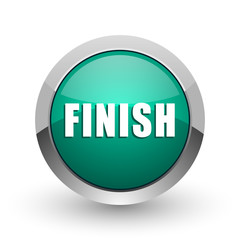 Finish web icon. Chrome metallic round internet button on white background.