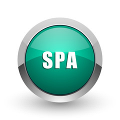 Spa web icon. Chrome metallic round internet button on white background.
