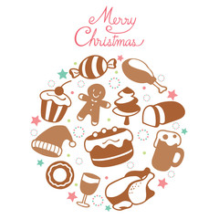 Food And Drink Icons Set, Monochrome On Circle Frame For Christmas Day, Dessert, Xmas, Celebrations, Holiday