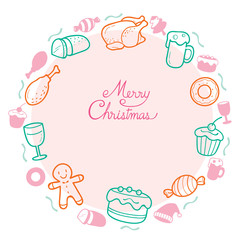 Food And Drink Outline Icons Set On Circle Frame For Christmas Day, Dessert, Xmas, Celebrations, Holiday