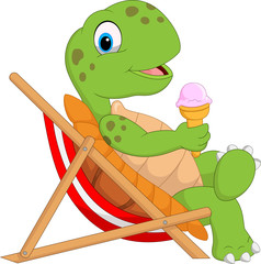 Fototapeta premium Cartoon turtle sitting on beach chair and holding an ice cream