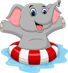 Naklejka premium Cartoon elephant with inflatable ring