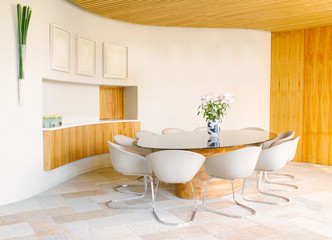 Kitchen in comtemporary home with large eating area. Kitchen, dining and living room of apartment 