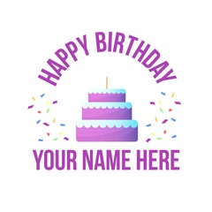 Three Layer Purple Birthday Cake Greeting Card Template. Isolated on White Background.