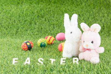 Bunny toys and Easter eggs with text