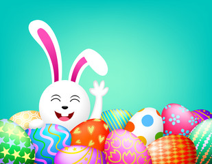 Bunny rabbit with Easter eggs. Happy easter day concept,  illustration isolated on green  background. Great for banner, poster and greeting card.