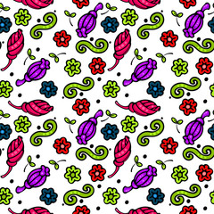 Бесшовный фон. Цветы и бутоны. Яркие цвета. Упаковочная бумага. Вектор.