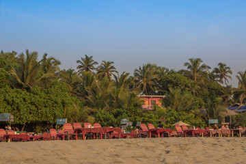 Sun loungers at Arambol beach, North Goa, India