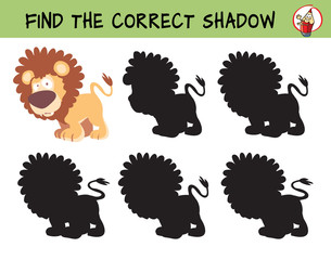 Big cats. Lion. Find the correct shadow. Educational game for children. Cartoon vector illustration.