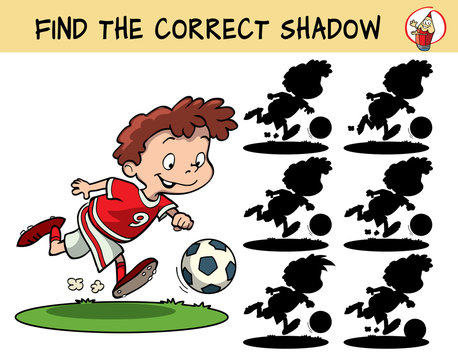 Football player running with the ball. Find the correct shadow. Educational game for children. Cartoon vector illustration.