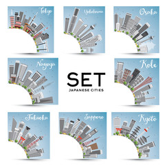 Fototapeta premium Set of 8 Japanese Cities with Gray Buildings and Blue Sky.