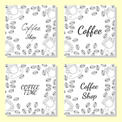 Organic coffee shop bean and cup hand drawn sketch template set for packaging cosmetic, square banner, poster, branding. design. Food and drink organic boutique.