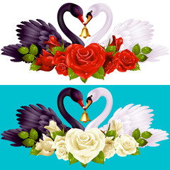 Fototapeta premium Vector Set of Swan Couple and Roses. Black Cob and White Pen hold a Golden Bell. Birds Neck and Flowers have a Heart Shape. Valentines Day Card or Wedding Invitation Isolated on Background