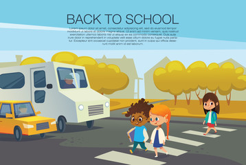 Multiracial kids walking across pedestrian crossing in front of stopped cars against autumn trees on background. Road safety rules for school children concept. Vector illustration for poster, flyer.