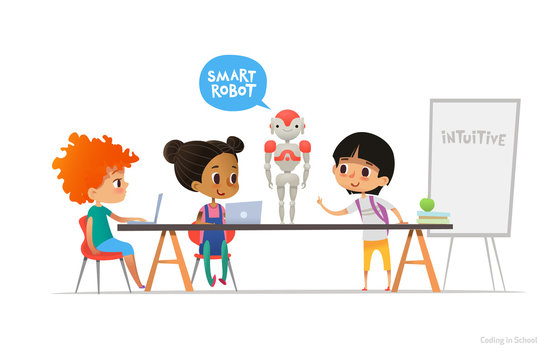 Smiling children sitting at laptops around smart robot standing on table in school classroom. Robotics and programming for kids concept. Vector illustration for website, advertisement, poster, banner.