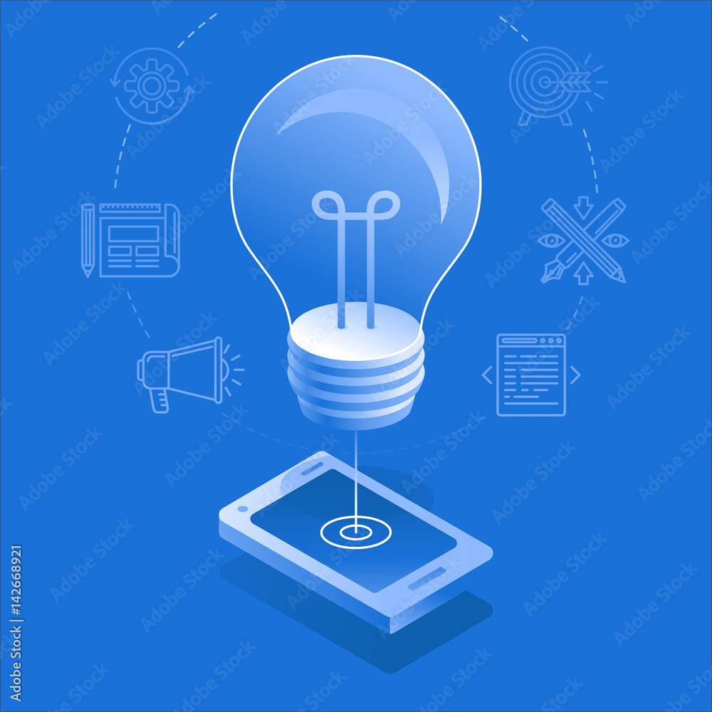 Poster light bulb and mobile phone - app development creative process
