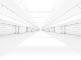 Abstract illuminated empty corridor interior. 3D rendering