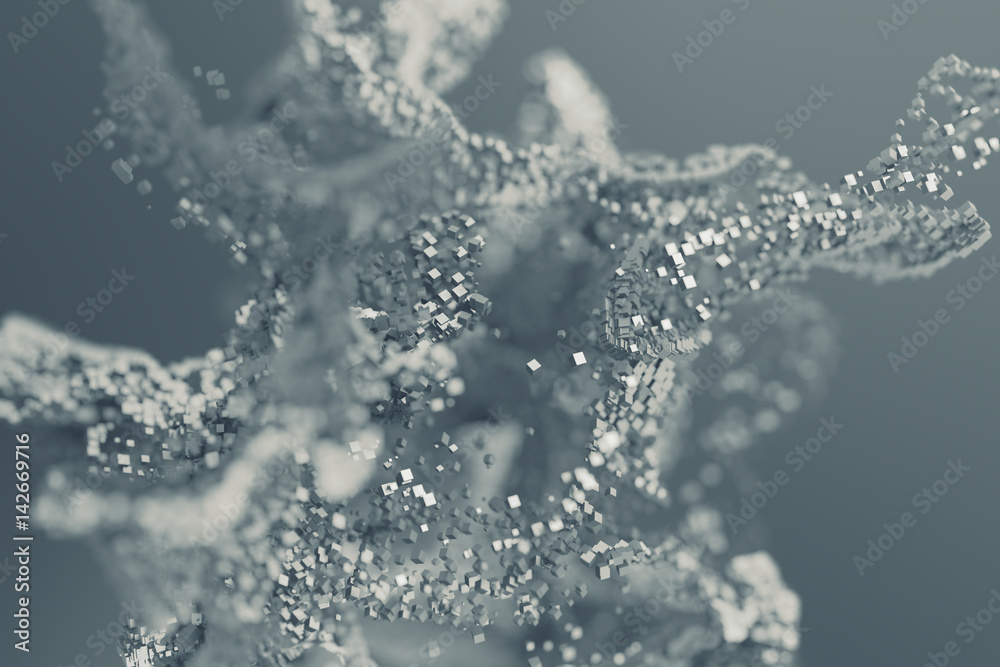 Poster abstract 3d rendering of chaotic particles. flying cubes in empty space. dynamic shape. futuristic b