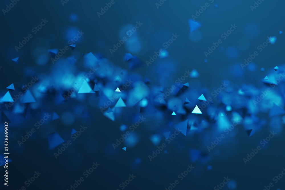 Poster abstract 3d rendering of chaotic low poly shapes. flying polygonal pyramids in empty space. futurist