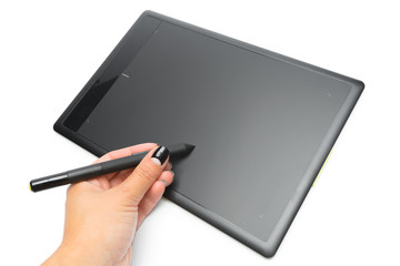 Graphic tablet with pen and hand for illustrators and designers, isolated on white background