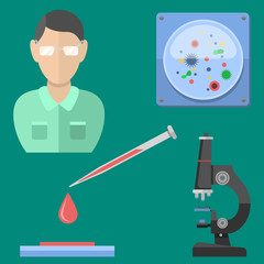 Lab symbols test medical laboratory scientific biology design molecule microscope concept and biotechnology science chemistry icons vector illustration.