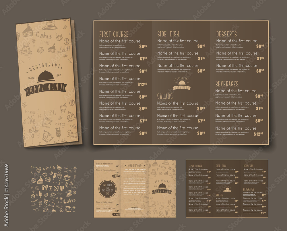 Poster template of retro folding triple menu for cafes and restaurants.