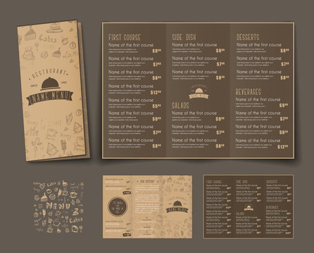 Template of  retro folding triple menu for cafes and restaurants.