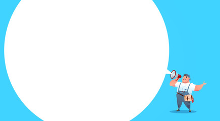 Workman Hold Megaphone Chat Bubble With Copy Space, Cartoon Repairman International Labor Day Concept Flat Vector Illustration