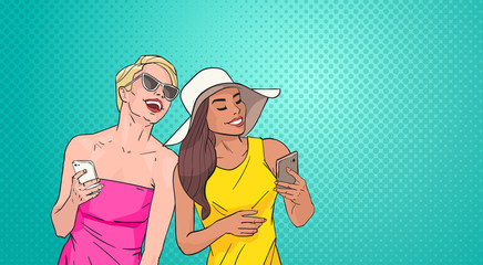 Two Young Woman Using Cell Smart Phone Over Pop Art Colorful Retro Style Background Vector Illustration