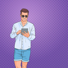 Young Man Using Tablet Computer Networking Online Over Pop Art Colorful Retro Style Background Vector Illustration