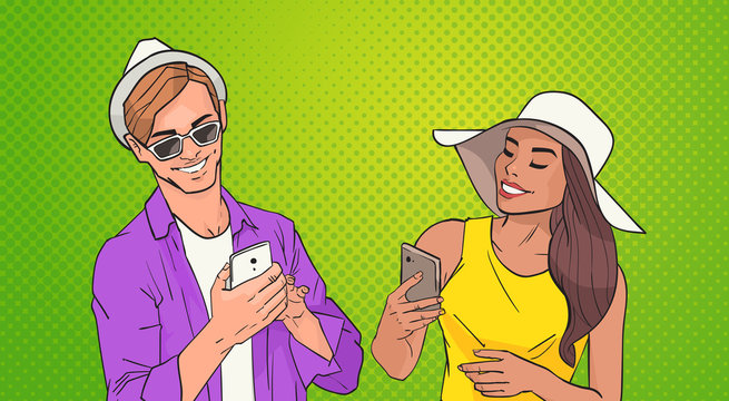 Young Man And Woman Using Cell Smart Phone Networking Online Over Pop Art Colorful Retro Style Background Vector Illustration