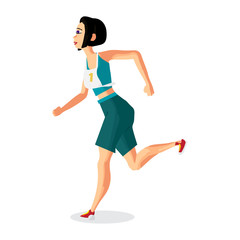 Young female athlete with a number running in the race. Vector f