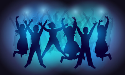 Fototapeta na wymiar Silhouettes of happy people dancing and jumping at a disco or party. The dancing teenagers. Party background. Vector illustration