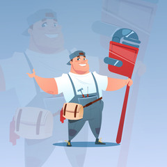 Happy Smiling Workman Holding Big Wrench International Labor Day Concept Flat Vector Illustration