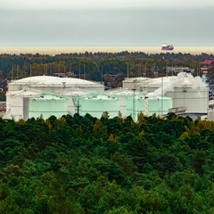 Fuel terminal in Riga. Large oil tanks