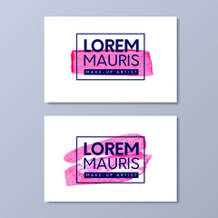 Fototapeta premium Make-up artist business card vector templates. Paint pink brush texture like lipstick mark design in frame with logo.