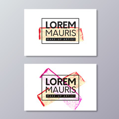 Make-up or fashion and beauty industry business card vector templates. Red and gold brush textured crossed smears in frame.