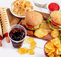 Multiple type of Fast food.  Unhealthy eating concept. View from above
