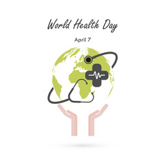 Globe sign,human hand and stethoscope vector logo design template.World Health Day icon.World Health Day idea campaign concept for greeting card and poster.