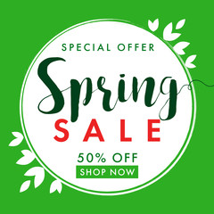 Spring sale background banner. Special offer spring sale background with beautiful green leaves, vector illustration