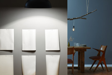 modern galery on grey wall lighting concepts table in background