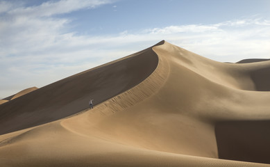 Fototapeta na wymiar young man walking up a sand dune of Liwa desert